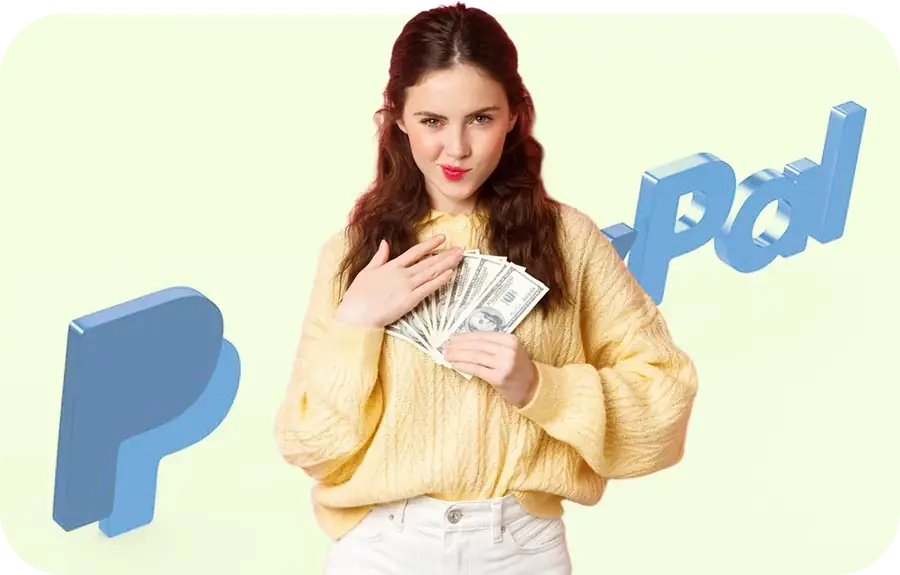 Girl with dollars against a PayPal logo background