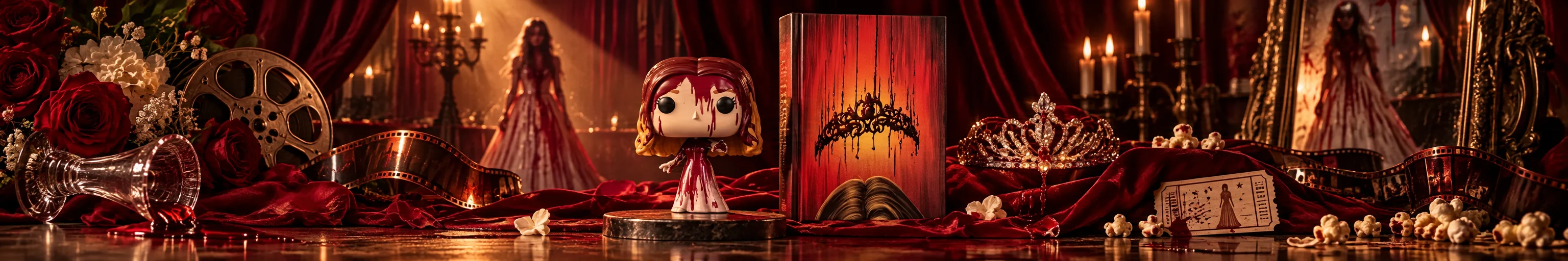 Carrie: Stephen King's novel, Funko figure, prom crown and movie memorabilia in a crimson glow