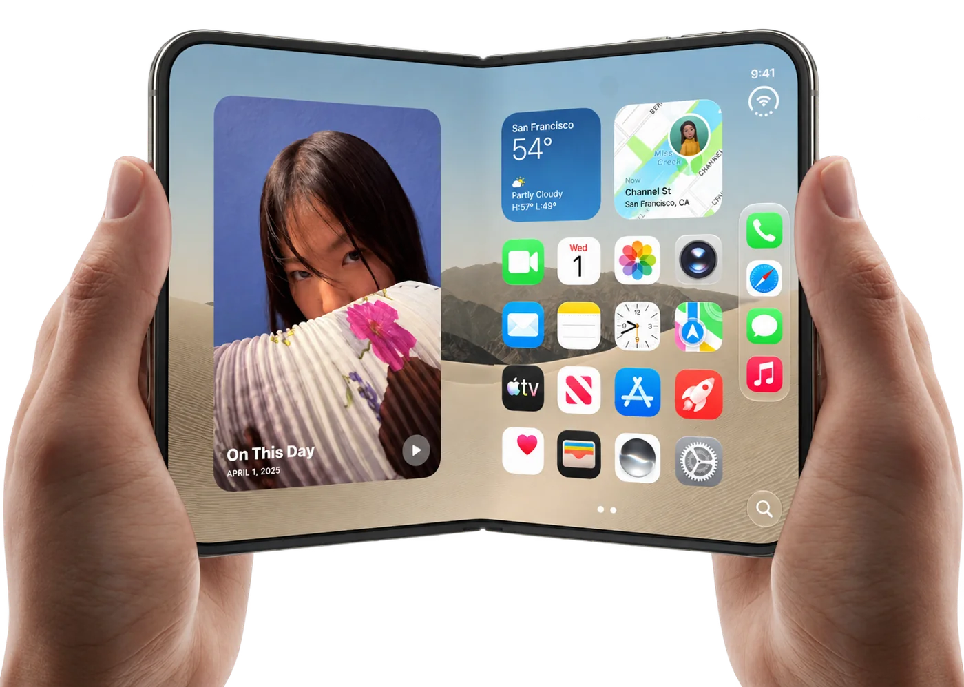 Новый складной iPhone в руках, домашний экран iOS