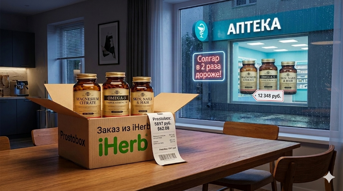 Заказ витаминов Solgar через Prostobox с iHerb - в 2 раза дешевле российской аптеки: корзина 5897 рублей против 12348 рублей