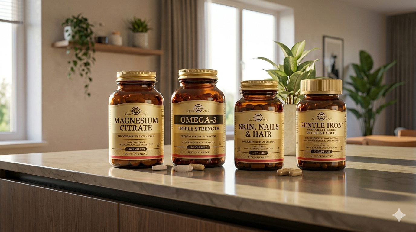 Четыре самых популярных витамина Solgar: Magnesium Citrate, Omega-3 Triple Strength, Skin Nails and Hair, Gentle Iron