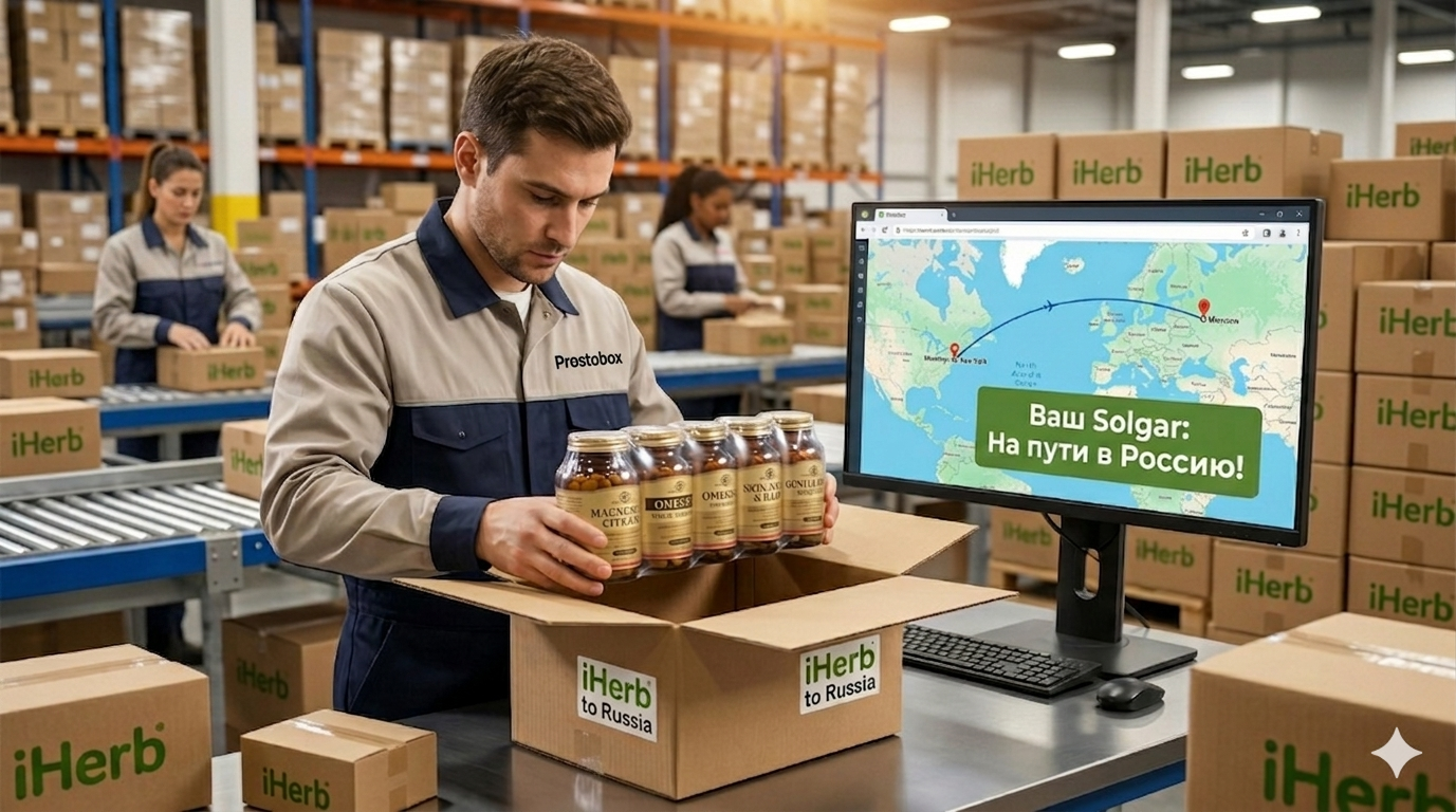 Сотрудник склада Prostobox упаковывает витамины Solgar с iHerb для доставки в Россию