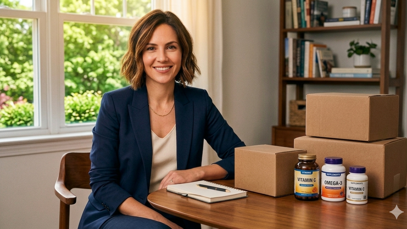 Olga with parcels and vitamins from iHerb
